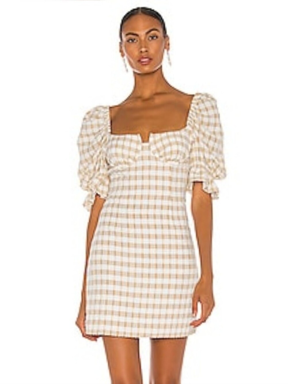 Camila Coelho Revolve Luisa Short Sleeve Mini Dress Tan Check Gingham Size Large